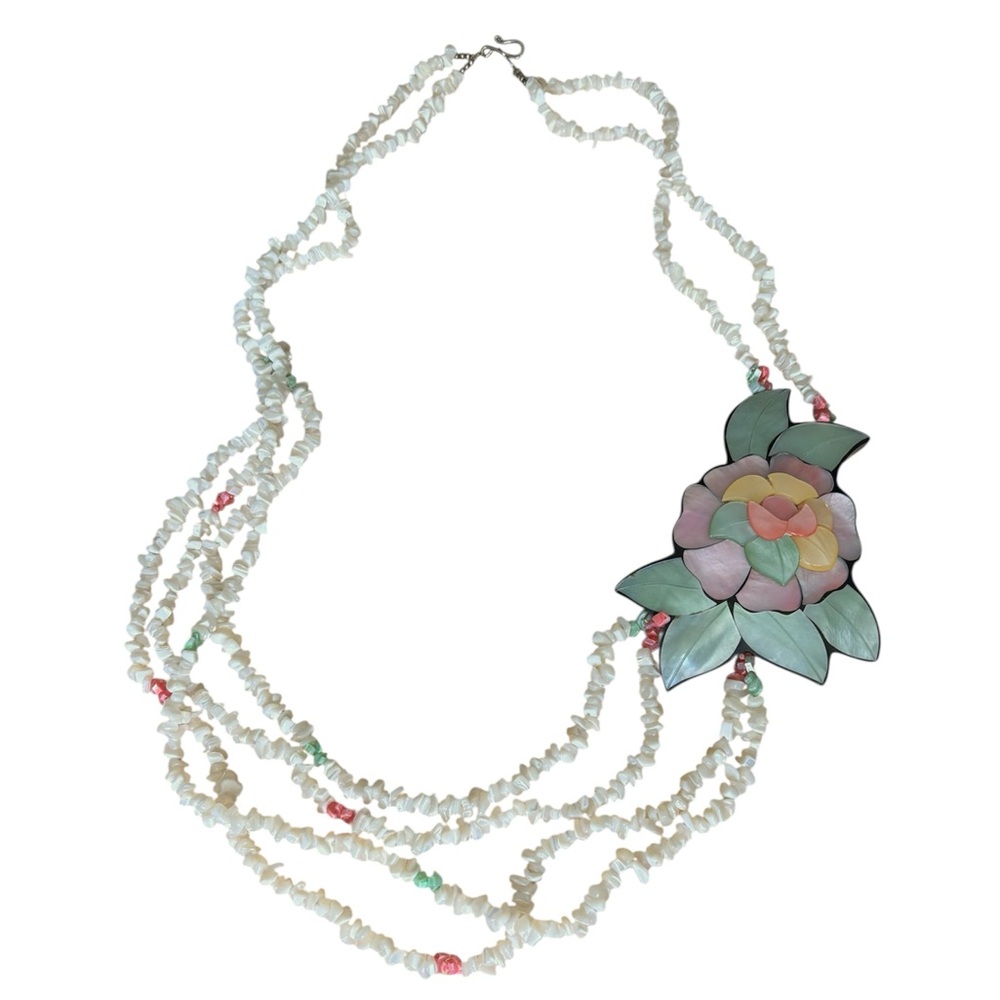 Lee Sands Mother of Pearl Inlay Flower Necklace – Multi-Strand MOP Statement